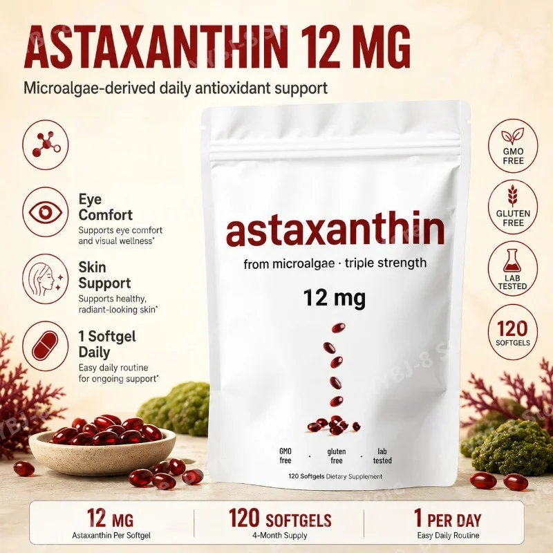 Astaxanthin Softgels From Haematococcus Pluvialis Extract 12mg for Wellness – Microalgae Antioxidant Supplement 120 Count