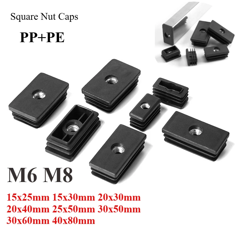 

5/20pcs M6 M8 Black Square Plastic Pipe Plugs Adjustable Screw Foot Pad Furniture Leg End Caps 15 20 25 30 40 50 60 80mm