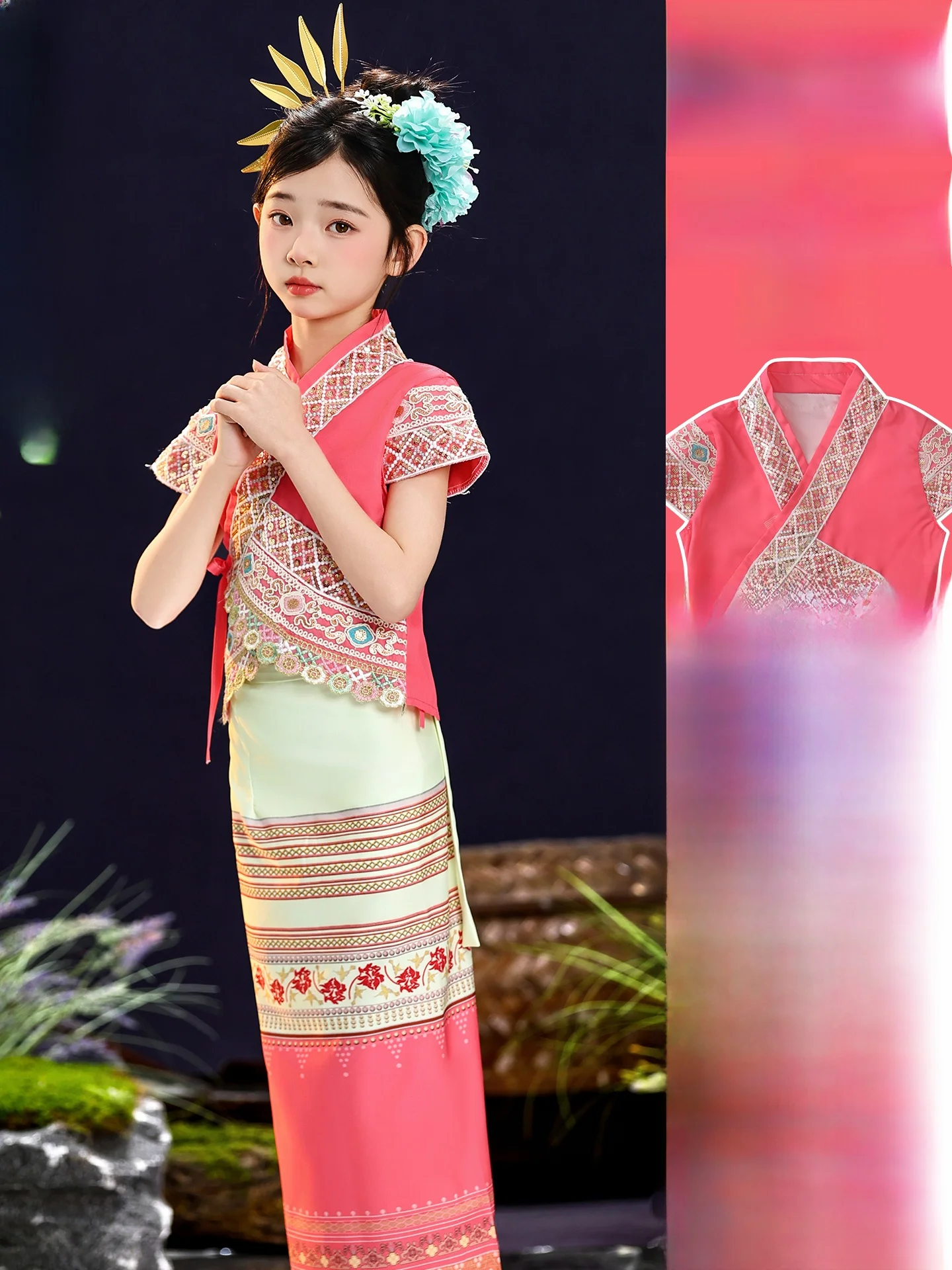 

Новый детский этнический костюм для девочек: юбка для танцев на водном фестивале в стиле Юньнань-Сишуанбаньна