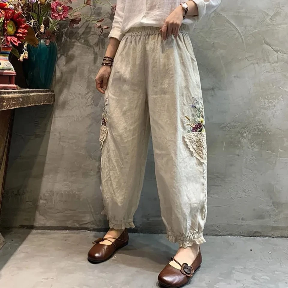 

Vintage Floral Embroidery Pants For Women Elegant Lace Patchwork Elastic Waist Trousers Harajuku Cotton Linen Loose Pants