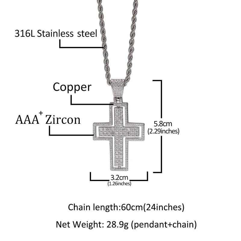 Hip Hop Bling Iced Out Two Side Can Wear Rotatable Cross Pendants Necklace for Men Women Rapper Jewelry Gold Color