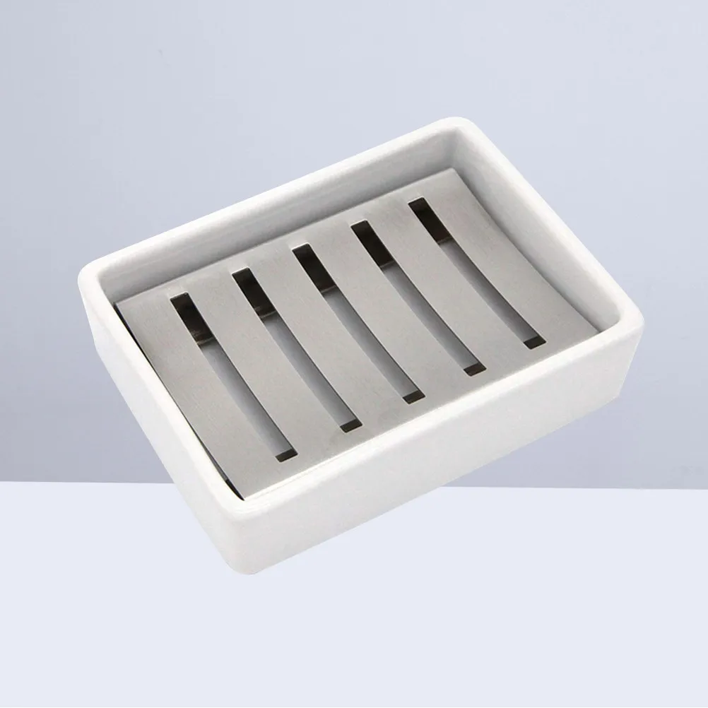 

1Pcs Soap Box Detachable Double Layer Ceramic Stainless Steel Soap Saver with Drainage for Countertop Bathroom Shower Sink
