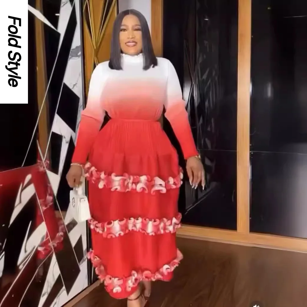 Miyake 2025 New Pleated Maxi Long Dress O-Neck Floral Sleeves Fungus Spliced Gradient Elegant Wedding Dresses for Women