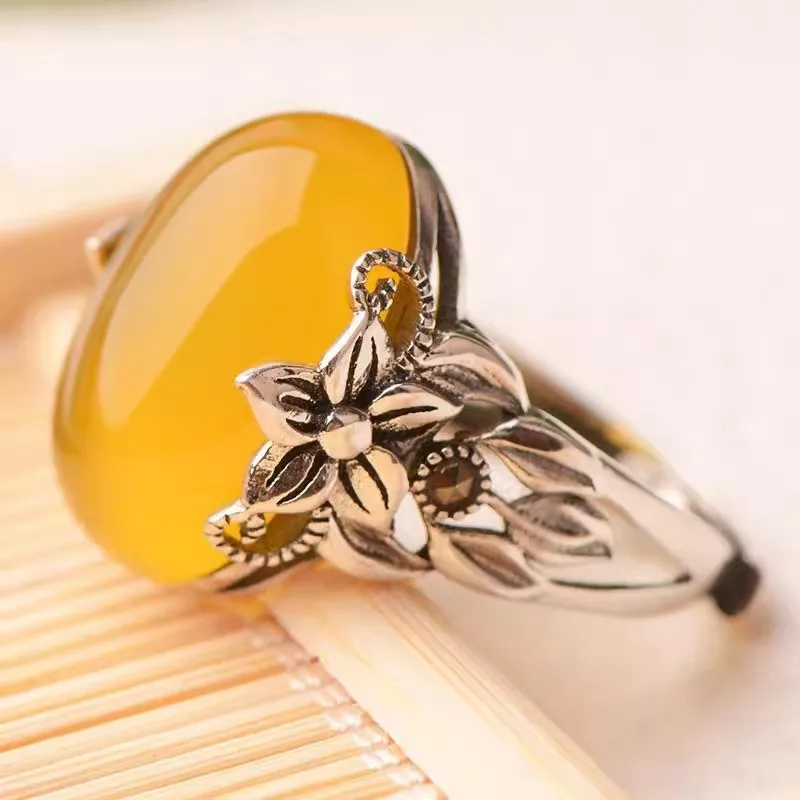 Artistic retro style silver 925 flowers inlaid natural chalcedony yellow oval rings for women High quality adjustable jewelry