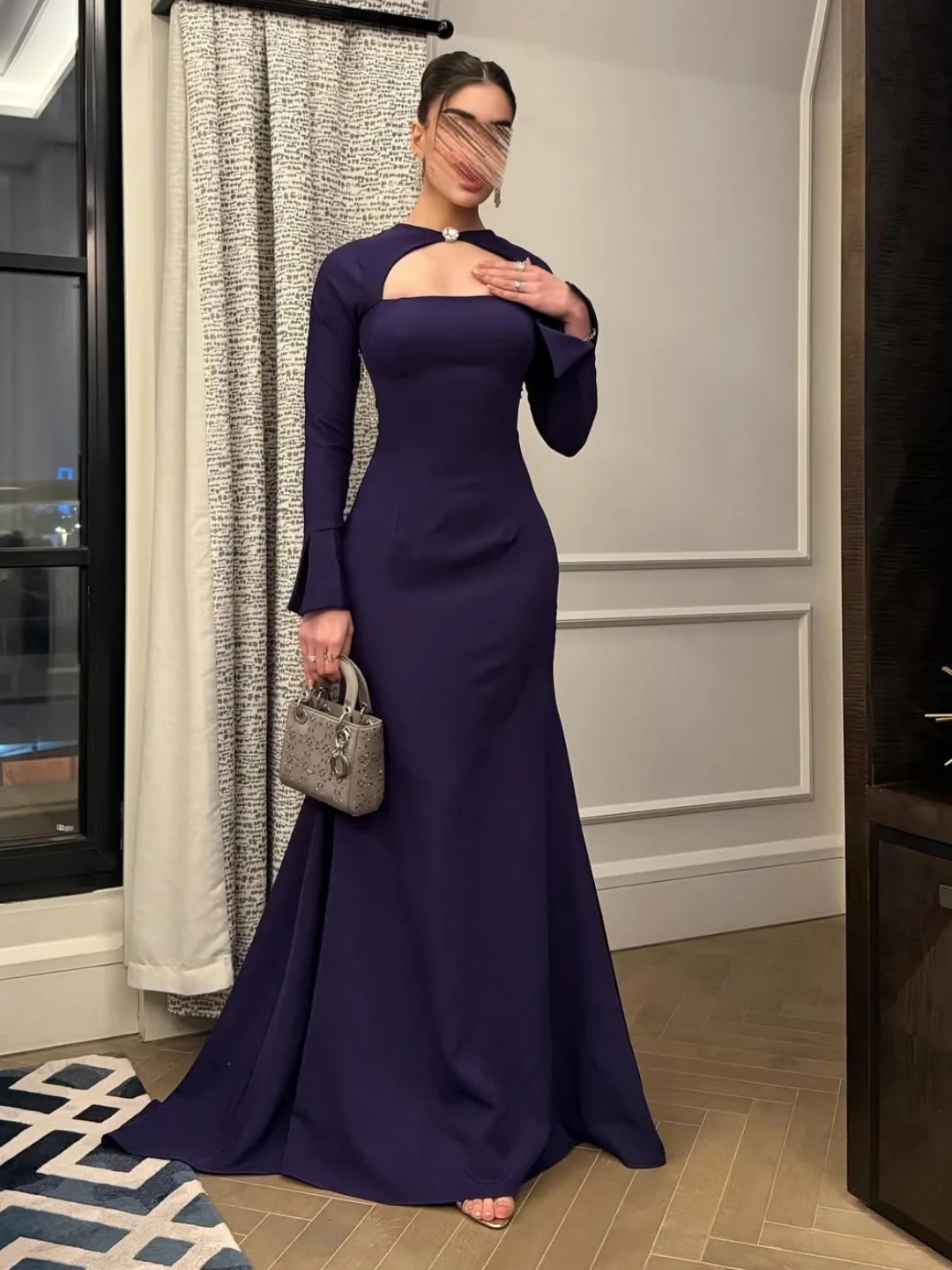 

Customized Mermaid Long Sleeves Evening Dresses O-Neck Prom Dresses Pleated Tassels Backless Party Dresses for Women