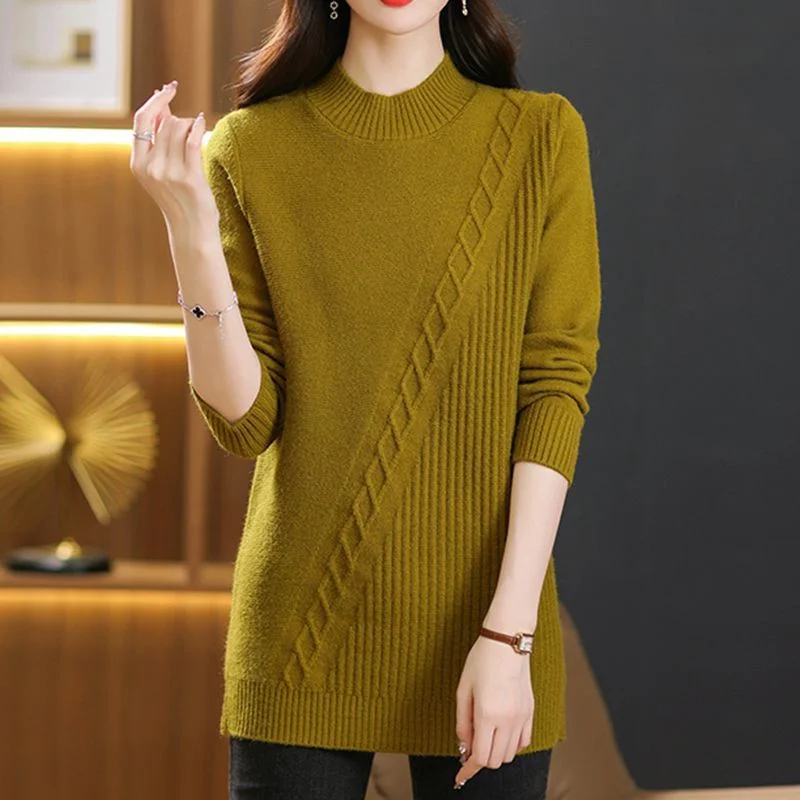 2025 Autumn Winter Women\'s Clothing Sweater Pullover New Solid Loose Mid Long Knitted Sweater Bottoming Shirt Female Casual Tops