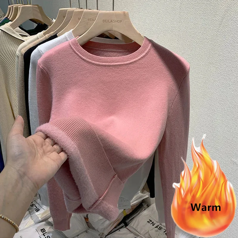 

Black O-Neck Winter Plus Velvet Sweater Thicken Knitted Pullovers Women Fleece Lined Soft Knitwears Tops Long Sleeve Warm Tops