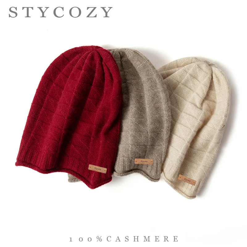 100%Cashmere Women Slouchy Beanie Geometric Jacquard Knit Ribbed Brim Solid Skull Cap Lightweight Fall Winter Warm Unisex Hat