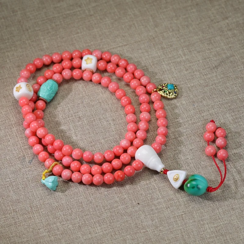 Multi-strand coral bracelet Tibetan-style sea bamboo DIY deer antler Buddhist prayer beads round bead necklace