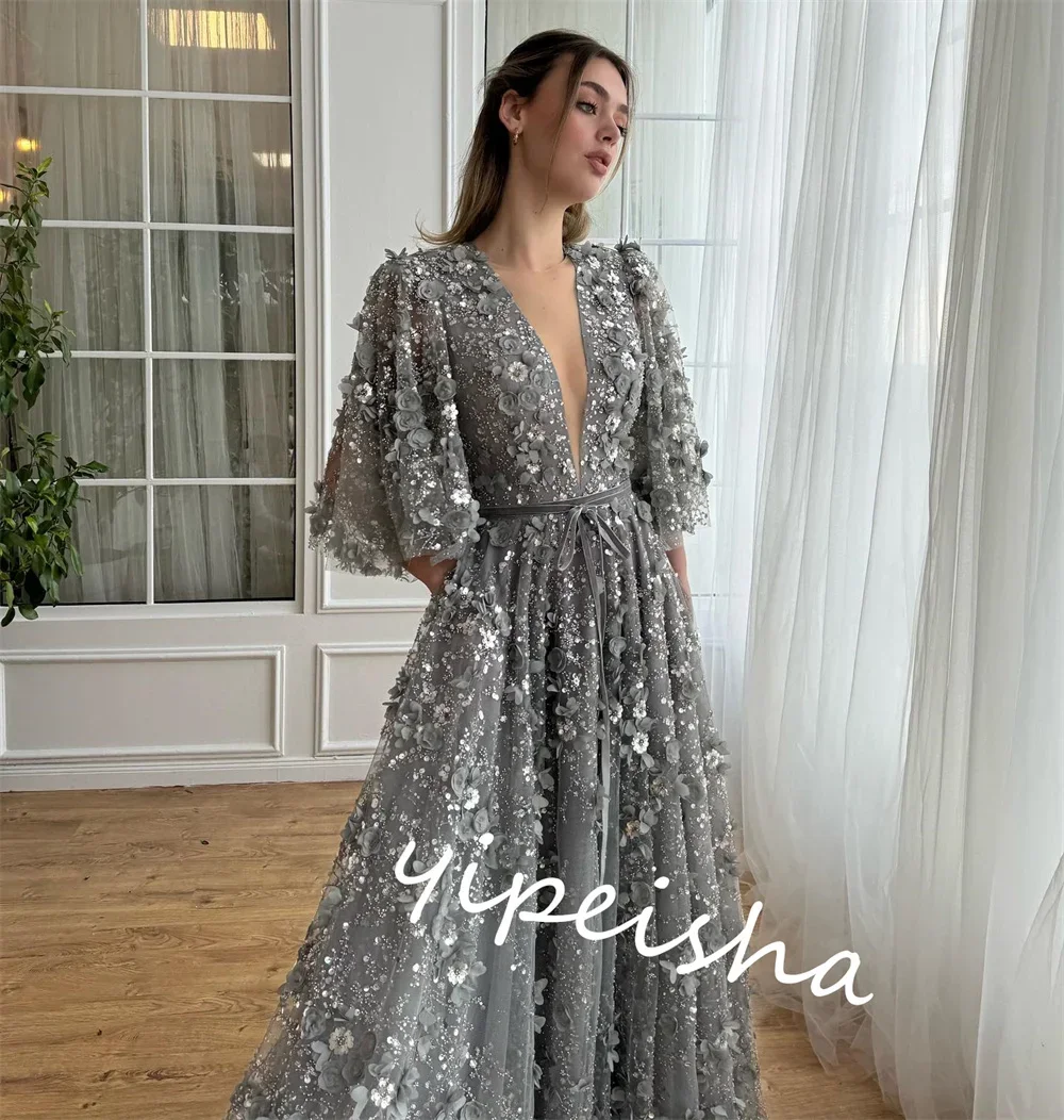 Personalizado de alta calidad brillo exquisito tul rebordear apliques vestido de fiesta de celebridades con cuello en V vestido de ocasión a medida