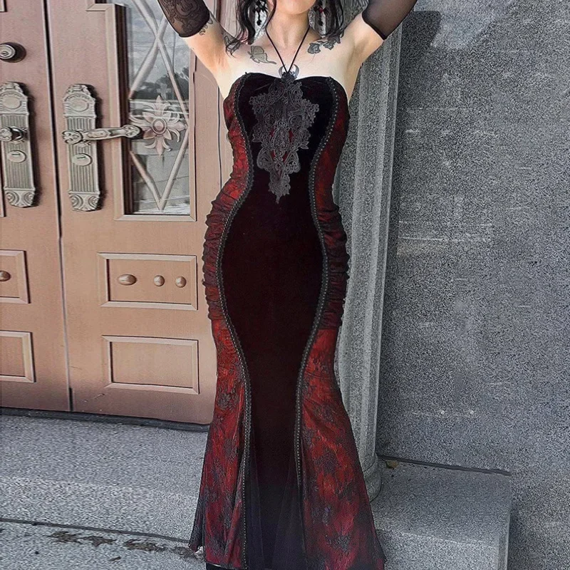 Damen Elegante Mode Enge Neckholder Meerjungfrau Kleider Hotsweet Korsett Mesh Maxi Kleid Gothic Plissee Bodycon Party Kleid