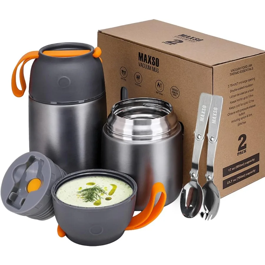 

2 Pack Vacuum Insulated Thermal Food Jars for and Adults: Keeps Hot Food Hot and Cold Food Cold TravelFriendly Lunch Containers