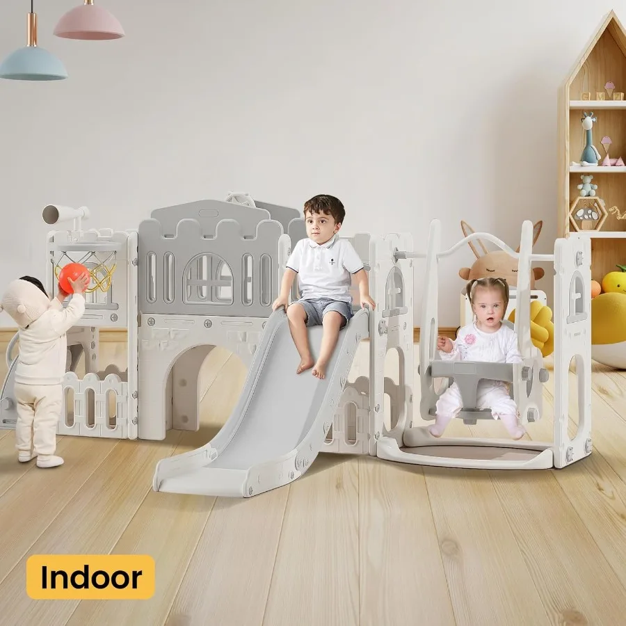 10 in 1 Toddler Slide Age 13 with Swing Basketball Hoop and Telescope Indoor Outdoor Slide Playset Toddler Playground Grey