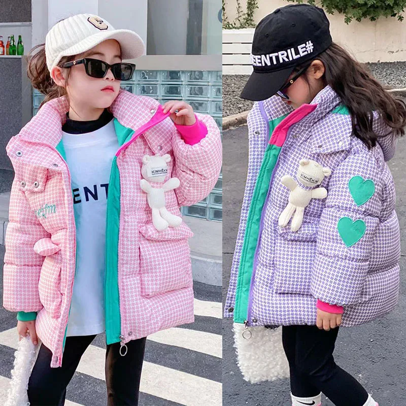 -30℃ Teen Girls Jacket 2024 Winter Lattice Print Lining Plush Thick Keep Warm Hooded Parkas For 4-12Y Kids Down Cotton Overcoat