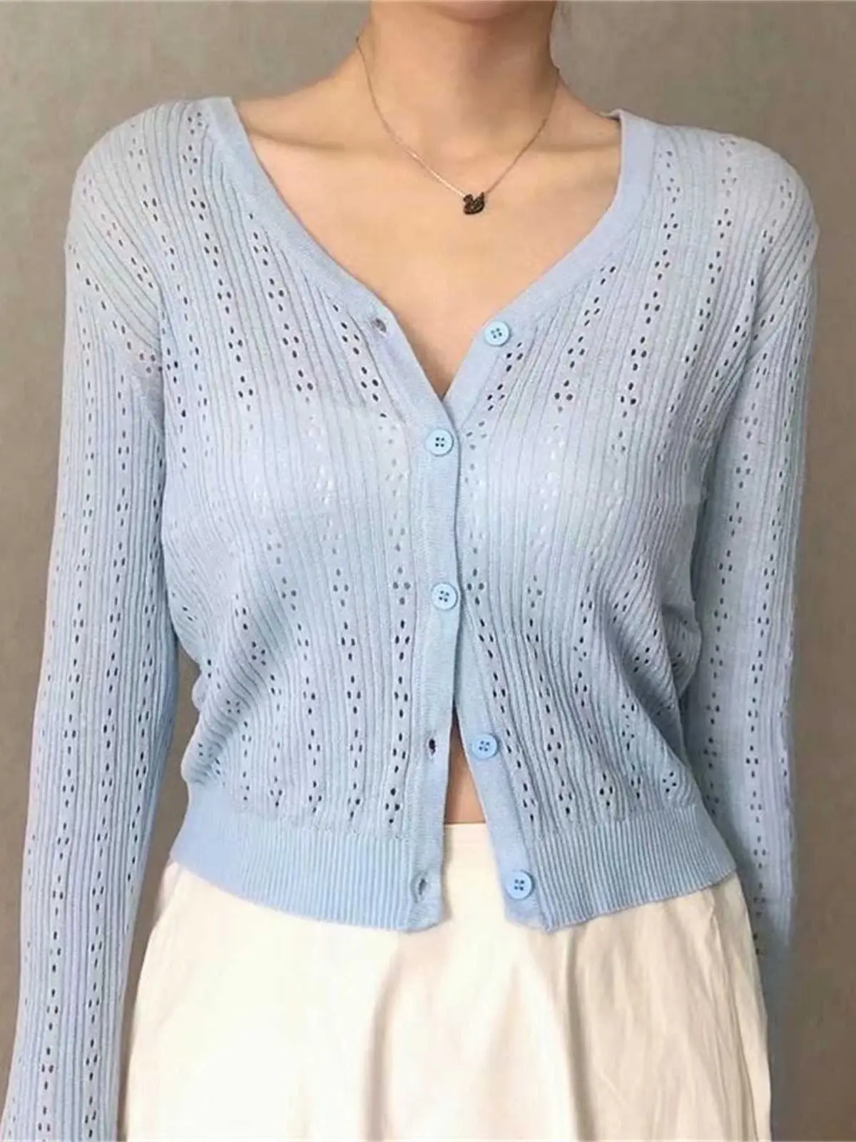 Elegant Women V Neck Knitted Hollowed Shirt 2022 Spring-autumn Fashion Ladies College Style Single Breasted Set Female Solid Top