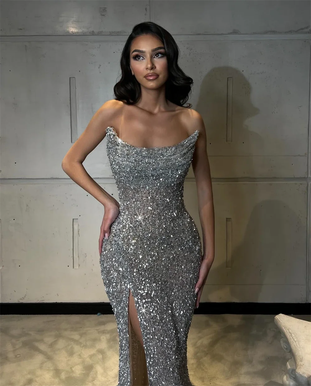 Vestido de baile com pregas prateadas brilhantes, glitter, divisão lateral, vestidos de noche até o chão, noite 2025