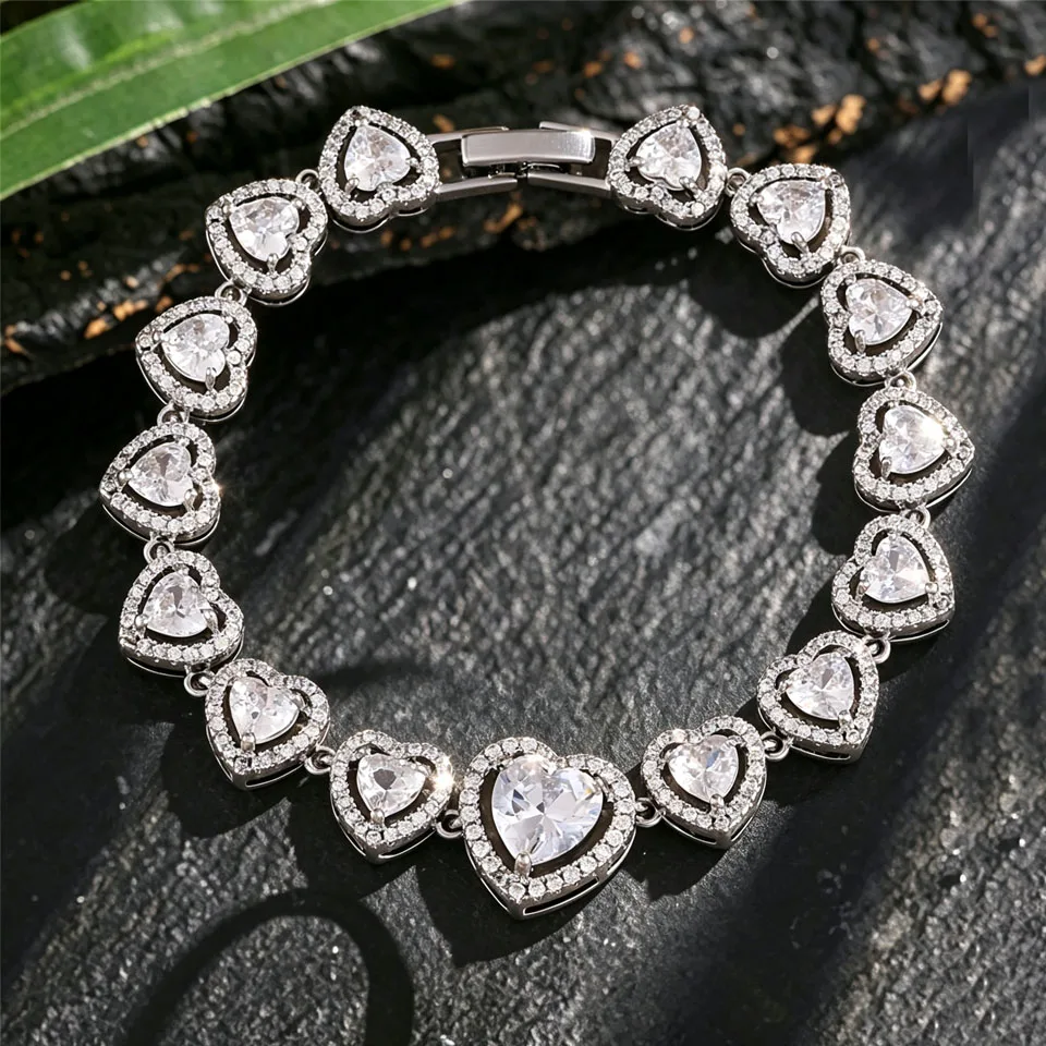 ZAKOL New Classic Cubic Zirconia Heart-shaped Tennis Bracelet for Women Luxury Wedding Jewelry Important Holiday Gifts