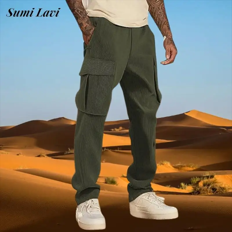 

Outdoor Sports Casual Trousers For Mens Spring Fall Trendy Solid Color Corduroy Pants Men Streetwear Vintage Pockets Cargo Pants
