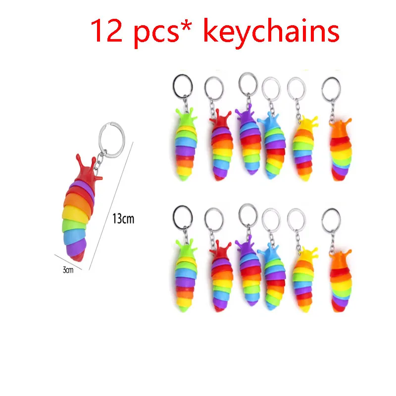 12 Uds Arco Iris Slug Caterpillar Mini llavero Fidget descompresión para adultos niños Slug Squeeze Toys