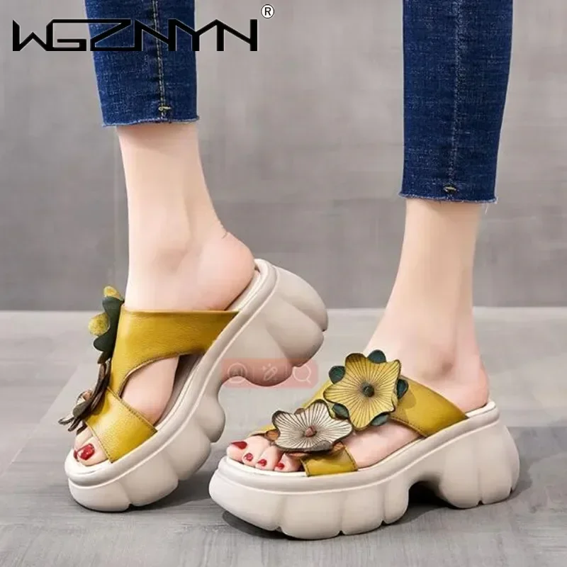 Luxus Marke Designer Sandalen Damen Sommer Schuhe Aus Echtem Leder Applikationen Blume Mode Frauen Keil Slipper Plattform Sandalen