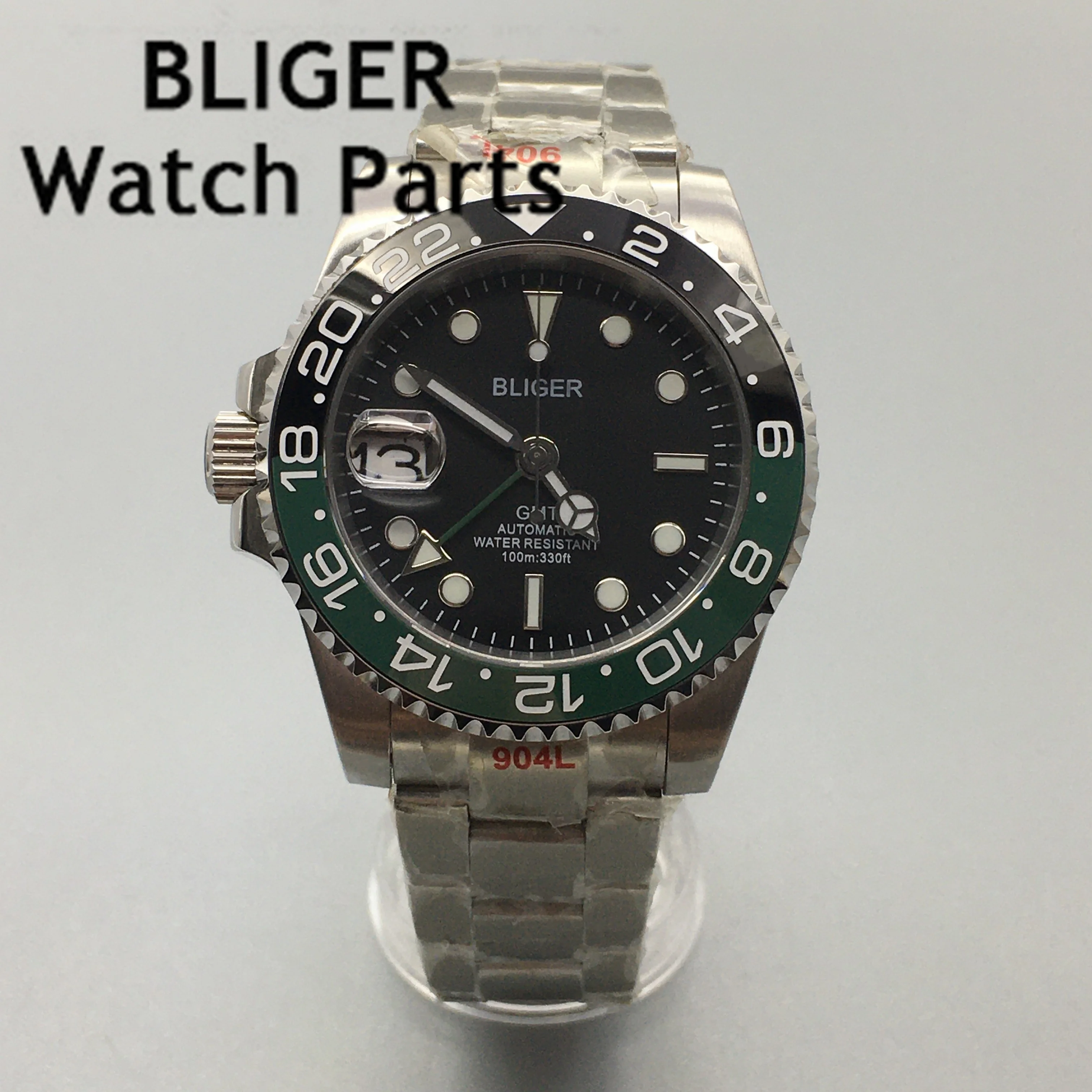 BLIGER Left Handed NH34A ATM Waterproof 40mm Black Dial GMT Function Automatic Watch Men Ceramics Bezel