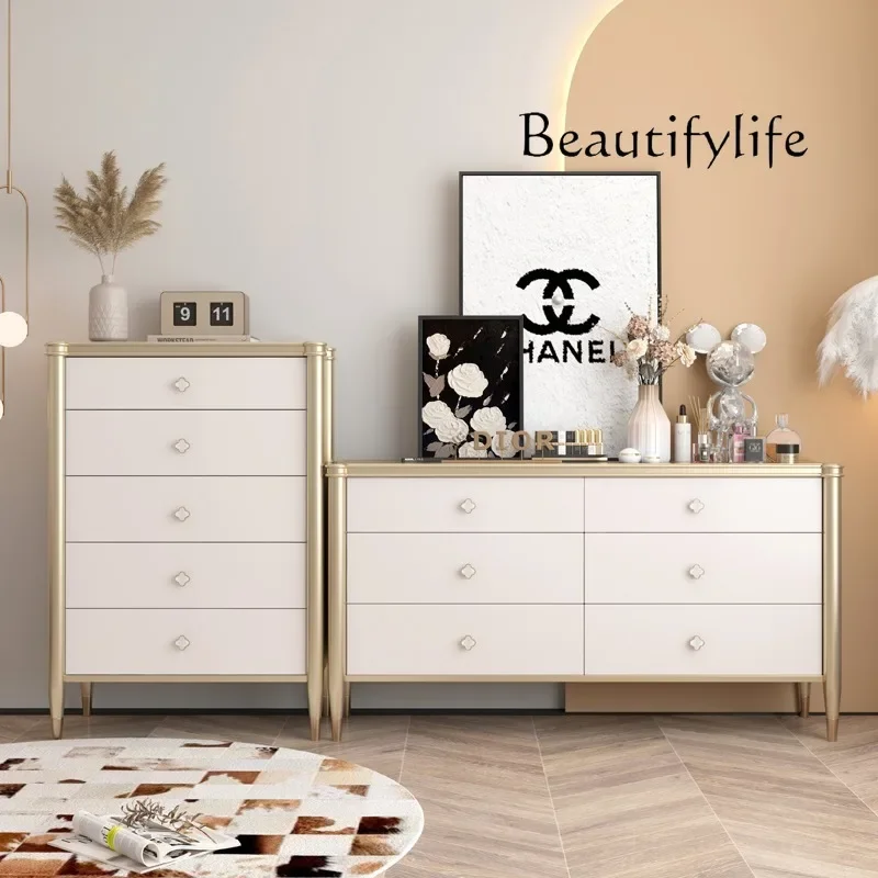 X40 Cream Wind Solid Wood Chest Cabinet American Light Luxury Bedroom Drawer Locker Modern Living Room Shell Storage Cabinet