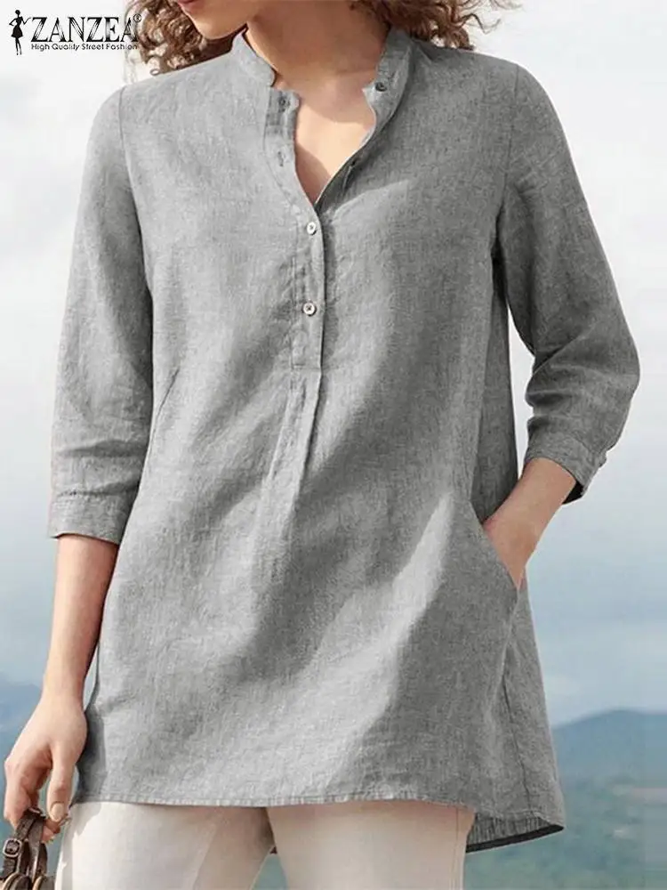 Women\'s Summer Blouse Elegant Oversized Tunic ZANZEA 2024 Casual Button Shirts Blusas Female V Neck Solid Tops Woman Chemise