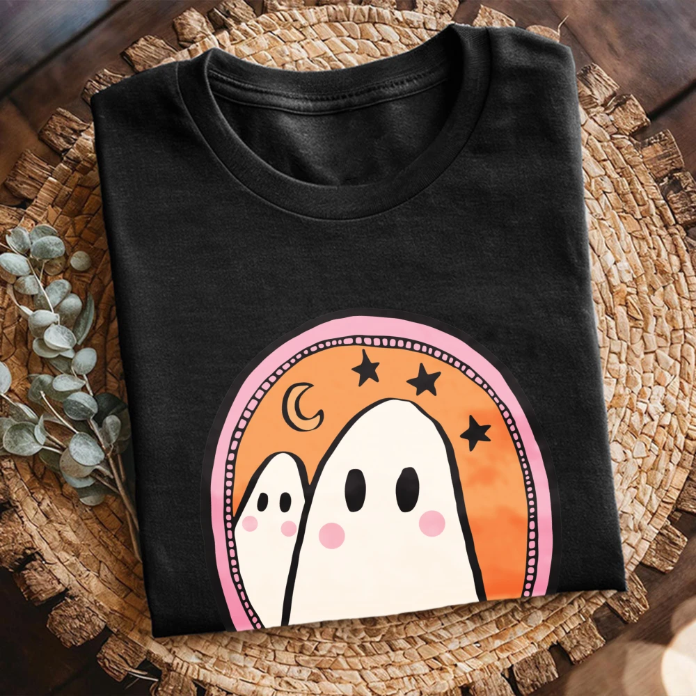 Pastel Moon Ghost Cotton Tshirt Cute Spooky Streetwear Tee Trendy Garment For Gentle Halloween Style Lovers Men Women Casual Top