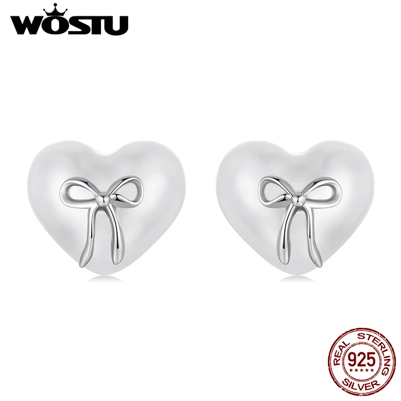 WOSTU 925 Sterling Silver Bow Heart Pearl Stud Earrings For Women Party Shell Studs Elegant Jewelry Gift For Mom Daughter