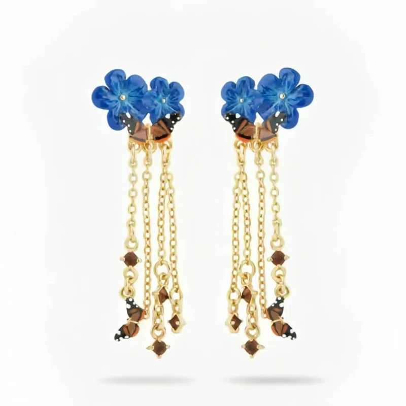 

Fashion Bohemia French Style Blue Flower Enamel Brown Butterfly Pink Sakura Pearl Charms Tassels Earrings Ethnic Pastoral Style