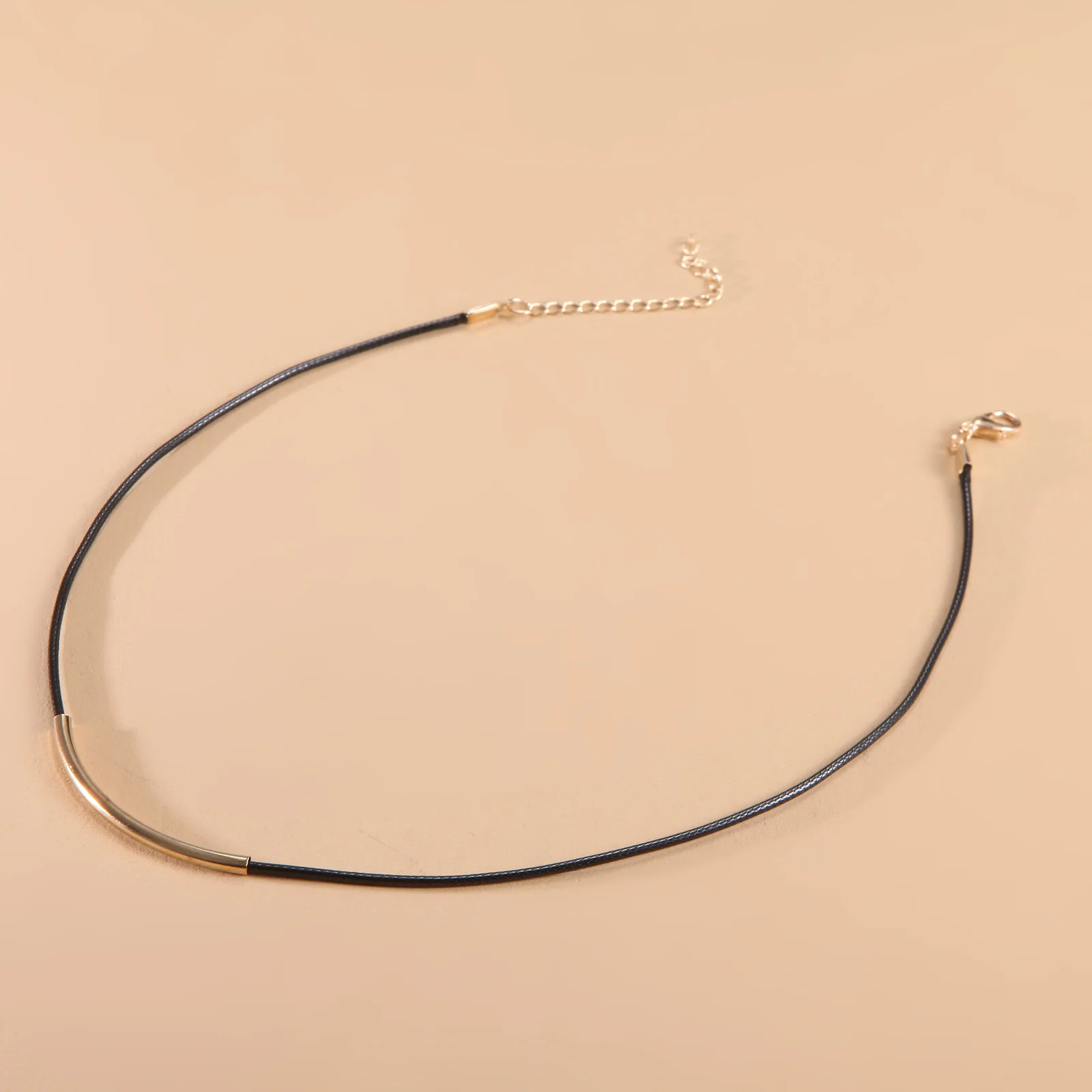 Japan and Korea Black Leather Rope Metal Tube Necklace Female Short Neck Collar Necklace Choker Female Clavicle