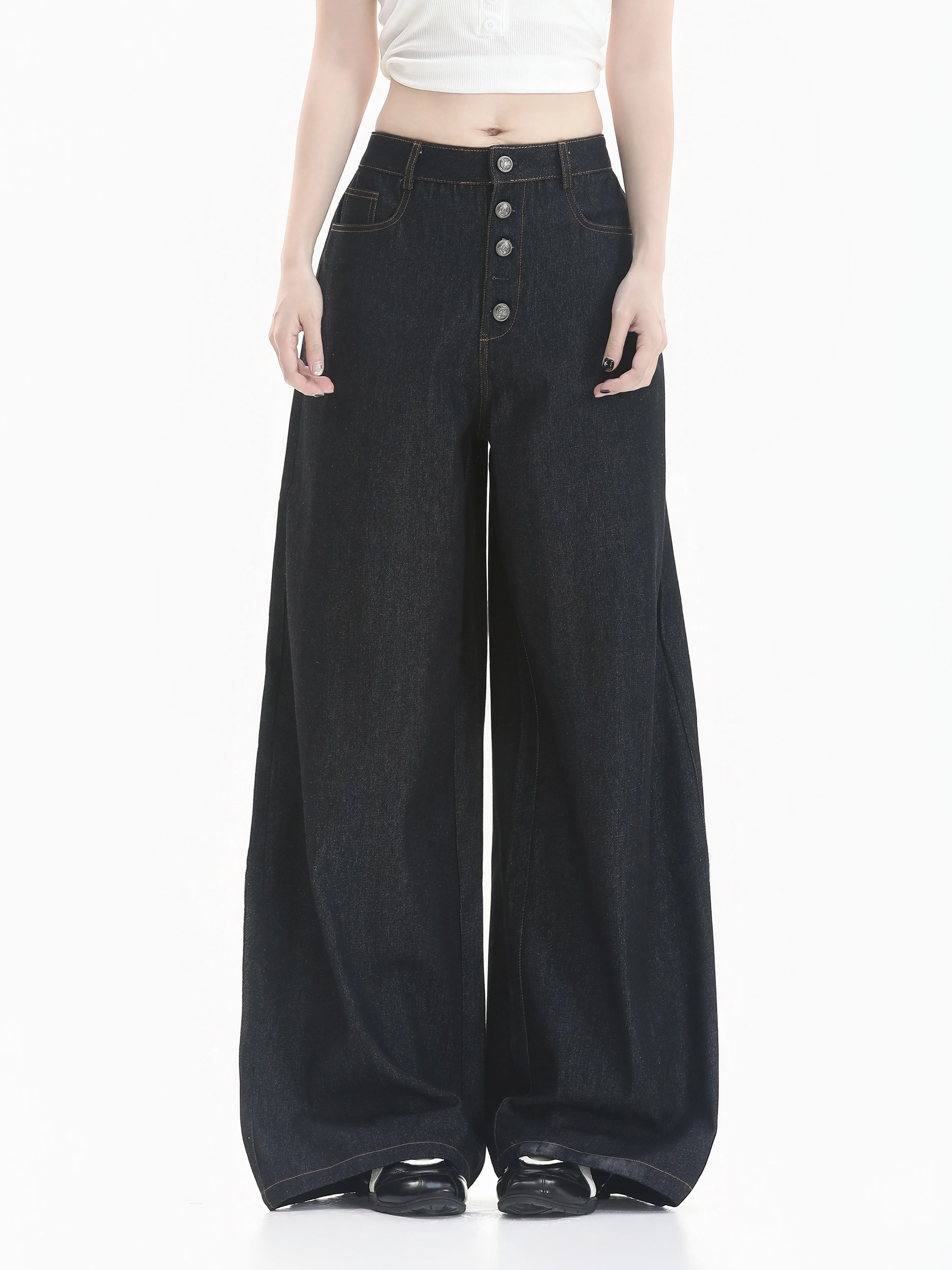 Cleanfit Vintage Five-Button Distressed Denim Pants Women's Neutral Wide Leg Pants Casual Washed Natural Waist Jeans