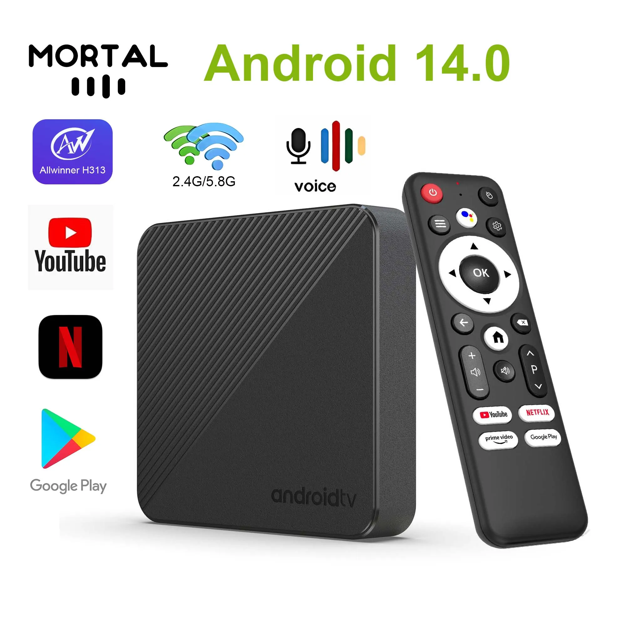 HOT Android14 Smart TV Box Youtube Netflix Allwinner H313 Voice Remote Control  Wifi 6HDR TV BOX Multi Language Media Player T1S