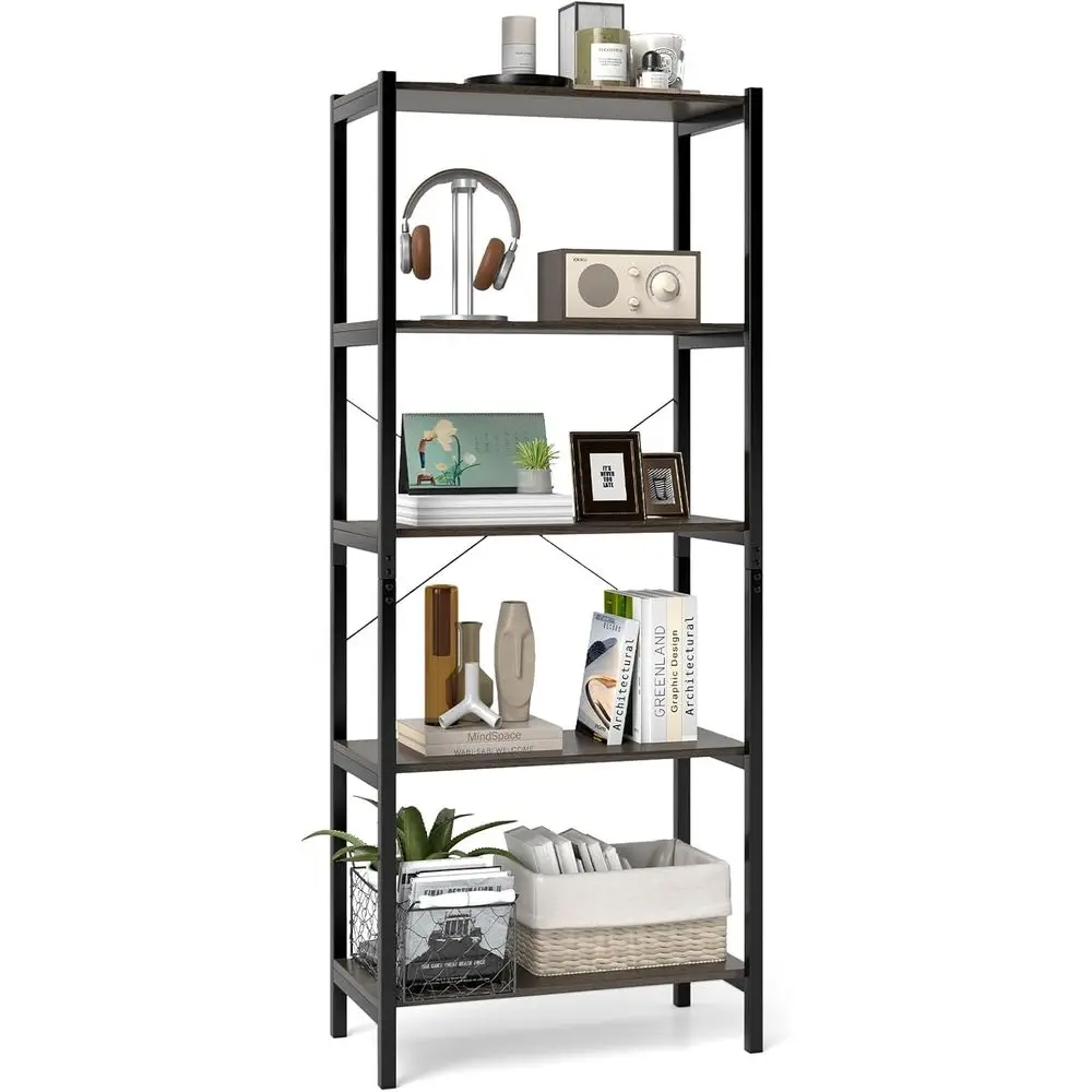5-Tier Wooden Bookshelf - 63.5 Tall Open Storage Organizer with Anti-Tip and Floor Protectors, Grey Steel Rack for Living Room,