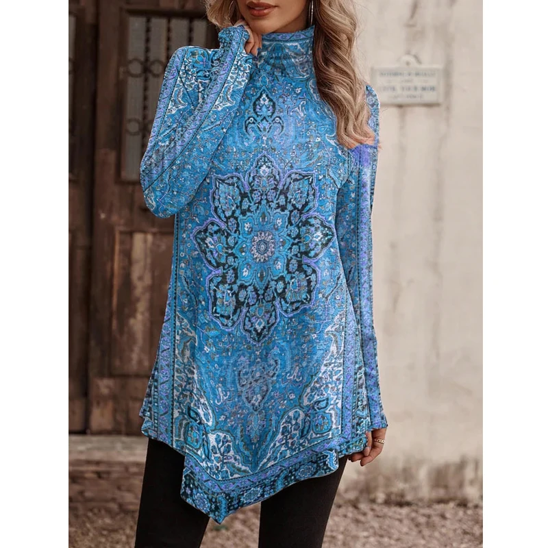 Women Vintage Ethnic Style Print Long Sleeve High Collar Asymmetrical T Shirt Autumn Winter Ladies Elegant Fashion Pullover Tops