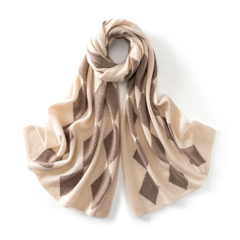100% Pure Cashmere Scarf For Women Autumn And Winter Diamond-Shaped Color-Blocking Knitted Warm Neck Warmer And Shawl Dual-Use