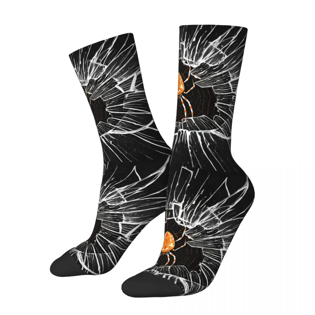 Spider In A Cobweb And Broken Glass Motif Happy Men's Socks Retro Spider Web Animal Casual Crew Sock Gift Pattern Printed