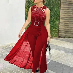 Macacão sexy sem mangas feminino, elegante esfregão de malha de strass quente vermelho verão 2024