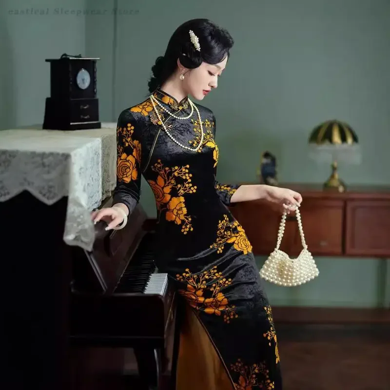 

Velour Printed Cheongsam Improved Chinese Style Dress Big Size 4XL Women Evening Party Gown Vestidos Elegant Temperament Qipao