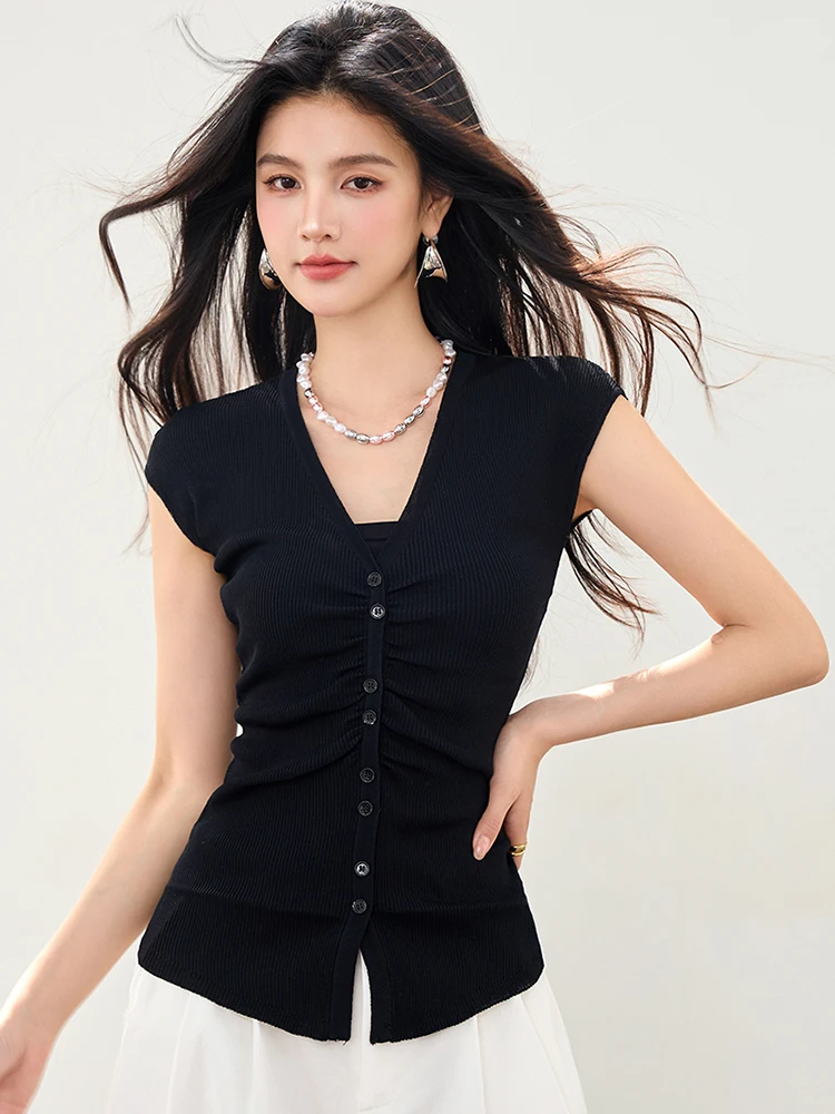

2025 Summer New Women V-neck Short-sleeve T-shirt Slim Elastic Skinny Crop Tops Fashion Versatile TShirt Casual Tees