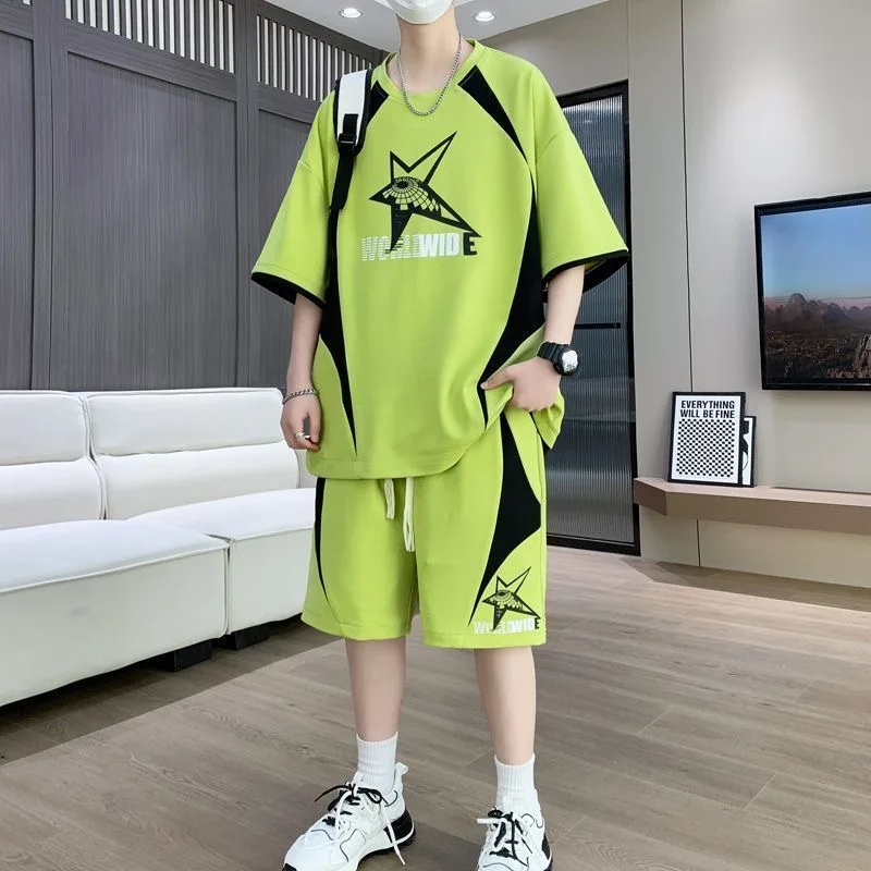 Summer New Fashion Trend Printed Short Sleeved T-shirt Sports Suit For Men Loose and Breathable High-Quality Two-Piece Set M-5XL