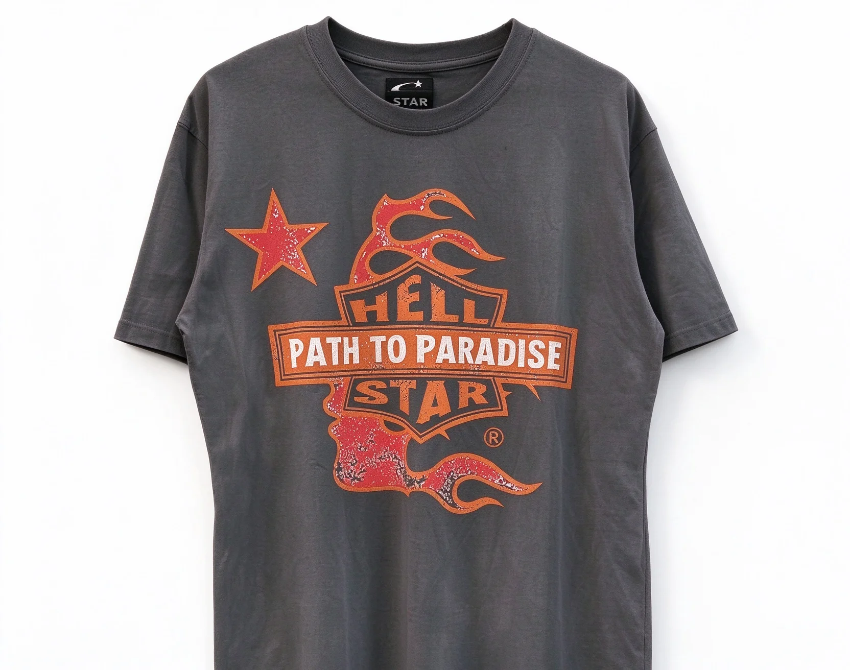 Unisex Vintage Flame Star Graphic T-shirt, Oversized Crew Neck Cotton Tee, Retro Distressed Print Streetwear Short Sleeve Tops