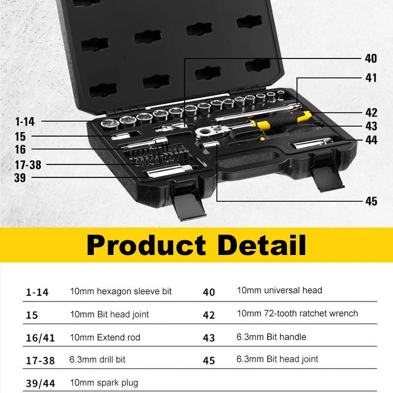 Stanley STMT82829 45Pcs Metric 10mm(3/8inch) Professional Car Repair Wrench Set Include Ratchet Wrench Handle Sockets Spark Plug