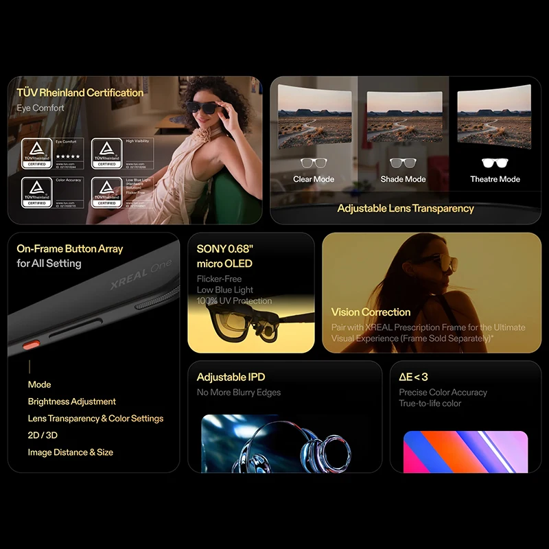 نظارات Xreal One AR الذكية - 3840x1080 |   رقاقة X1 |   الأصلي 3 DoF |   الصوت بواسطة القاعدة |   شاشة واسعة للغاية