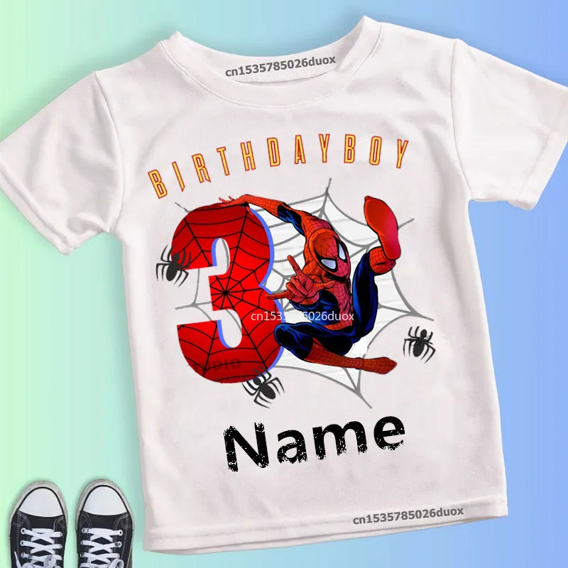 Camiseta de superhéroe para cumpleaños, camisa de verano de Marvel, Spiderman, chica, nombre personalizado, 2, 3, 4, 5, 6, 7, 8, 9