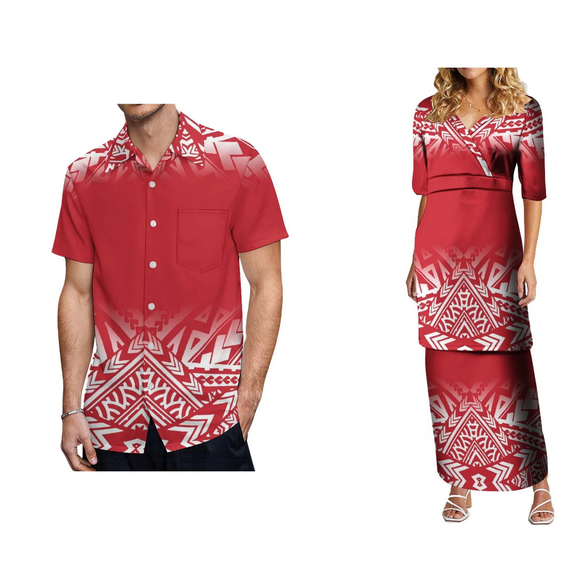 

Polynesian Couple Suit Custom Women's Dress Men's Shirt Samoan Tribal Design Women's Puletasi V Collar Design