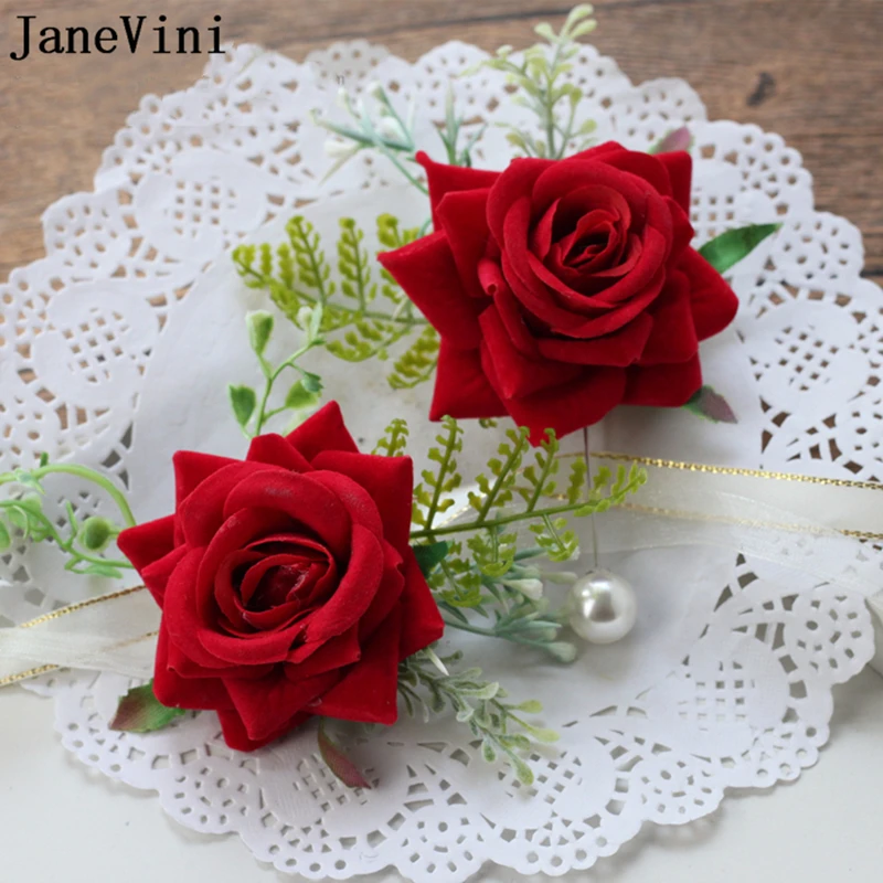 JaneVini Red Rose Boutonniere for Wedding Men Groom Wedding Corsages Suit Buttonholes Brooch Artificial Bride Wrist Flowers Set