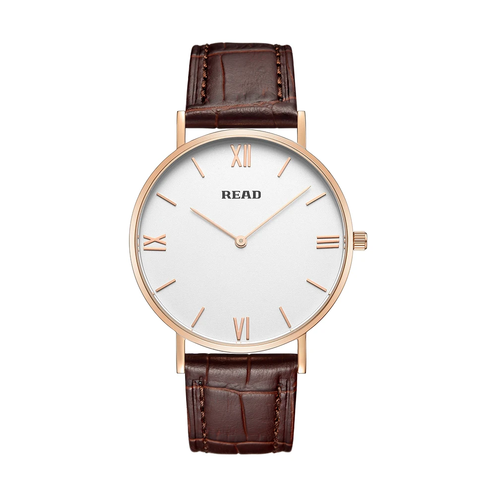 READ Minimalist Quartz Watch | Rose Gold Case | Brown Leather Strap | White Roman Dial | High Hardness Glass | 3ATM Waterproof