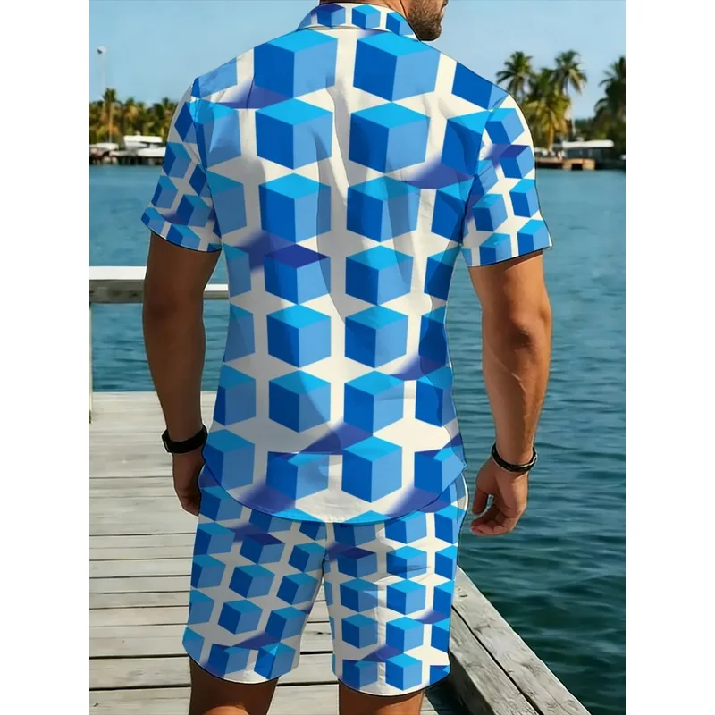 Mens Blue Geometric Print Two Piece Outfit Set Casual Beach Wedding Guest Swim Pool Party Summer Holiday Comfort Fit Quick Dry