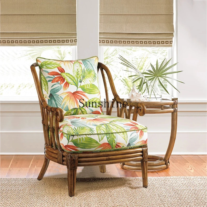 American style, solid wood single sofa, living room leisure courtyard rattan chair balcony single chair pedal